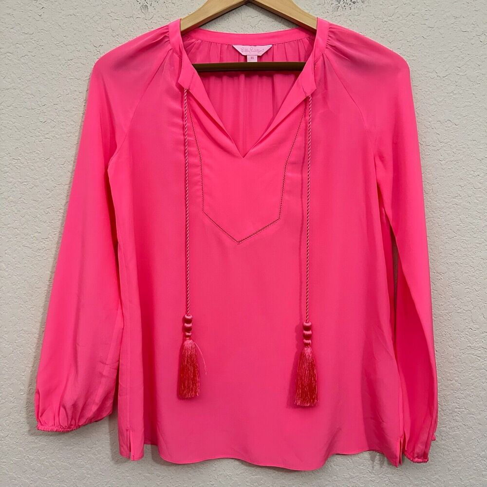 LILLY PULITZER Saria Top Blouse Pink Silk Satin Puff Sleeve Tasseled